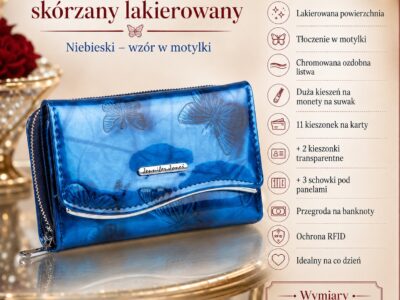 Duży niebieski portfel damski w motylki z metalową "falą" z przodu RFID na zamek - obrazek 7