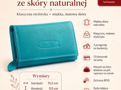 Money Maker Duży portfel damski skórzany turkusowy RFID - obrazek 2