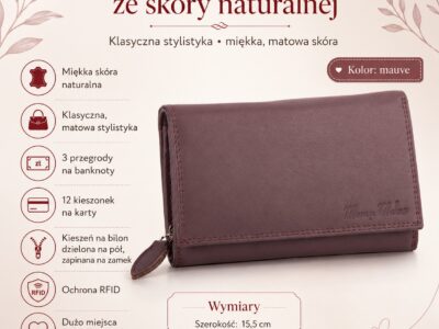 Duży portfel damski skórzany w kolorze mauve miękki z RFID Money Maker - obrazek 9