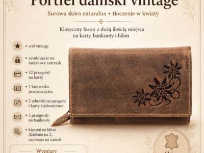 Brązowy skórzany portfel vintage z kwiatowym tłoczeniem, zamknięty, przód