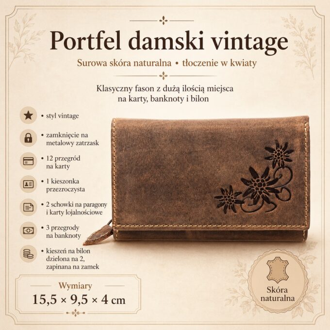 Brązowy skórzany portfel vintage z kwiatowym tłoczeniem, zamknięty, przód