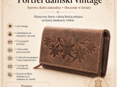 Brązowy portfel vintage z naturalnej skóry, z przodu tłoczony w kwiaty, zamknięty