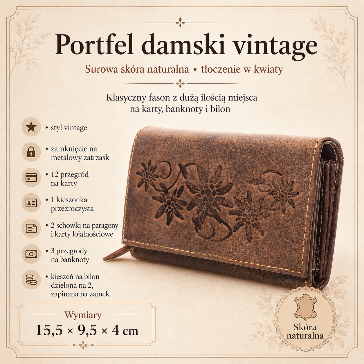 Brązowy portfel vintage z naturalnej skóry, z przodu tłoczony w kwiaty, zamknięty
