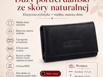 Duży czarny portfel damski ze skóry naturalnej Money Maker - obrazek 10