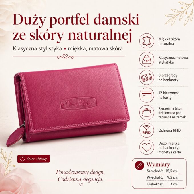 Różowy skórzany portfel damski Money Maker, zamknięty, z przodu, detal logo