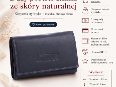 Money Maker Duży portfel damski skórzany granatowy RFID - obrazek 6