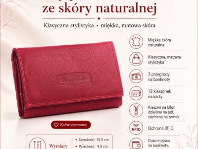 Portfel damski skórzany gładka skóra naturalna czerwony Money Maker - obrazek 15