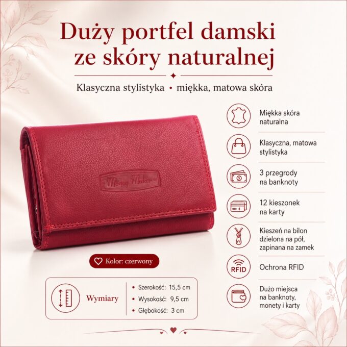 Czerwony skórzany portfel damski Money Maker, ujęcie z przodu, zamknięty