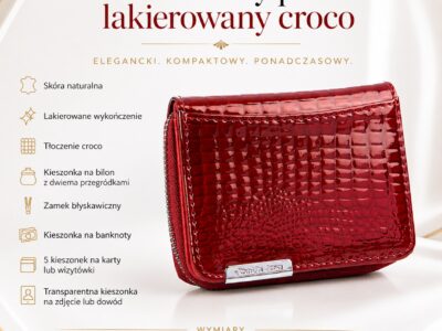 Skórzany mały czerwony portfelik damski lakierowany Jennifer Jones - obrazek 6