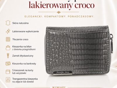 Skórzany mały szary portfelik damski lakierowany Jennifer Jones - obrazek 10