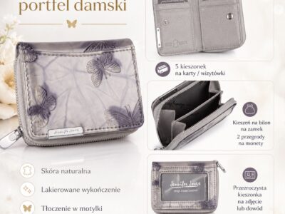Mały portfel damski w motylki - srebrny, skórzany, lakierowany Jennifer Jones - obrazek 6