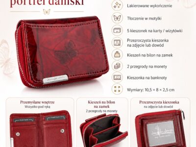 Mały portfel damski w motylki - czerwony, skórzany, lakierowany Jennifer Jones - obrazek 6