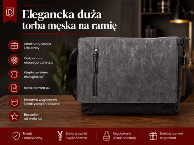 Duża torba męska na ramię z klapą, czarna J Jones - obrazek 14