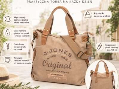 Beżowa torebka J Jones z canvasu i skóry naturalnej, widok z przodu i tyłu