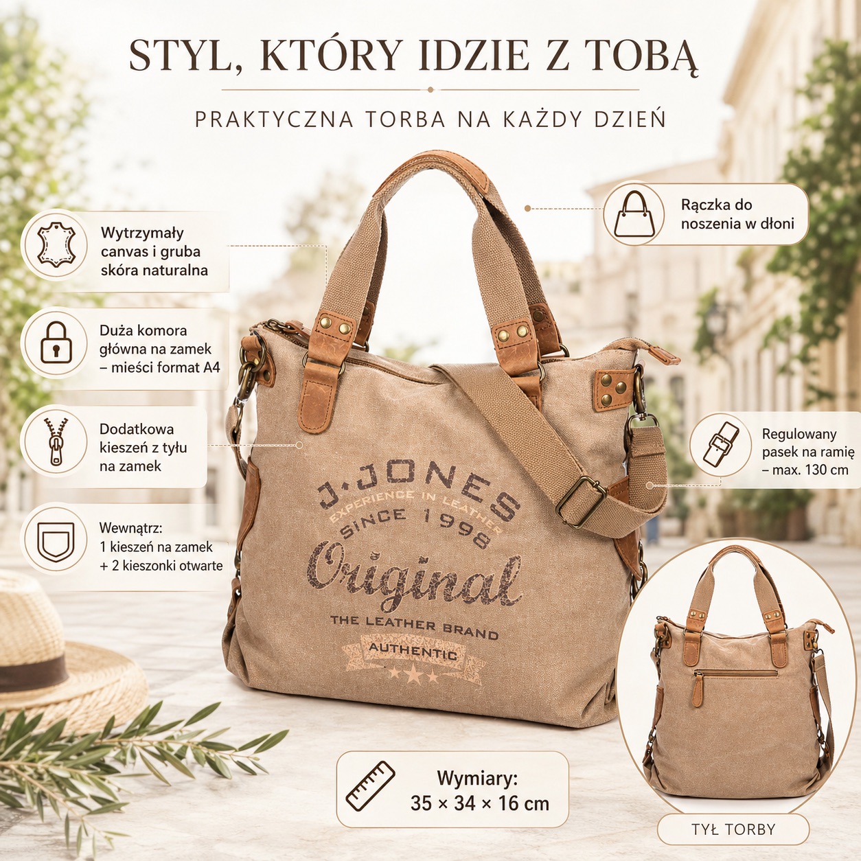 Beżowa torebka J Jones z canvasu i skóry naturalnej, widok z przodu i tyłu