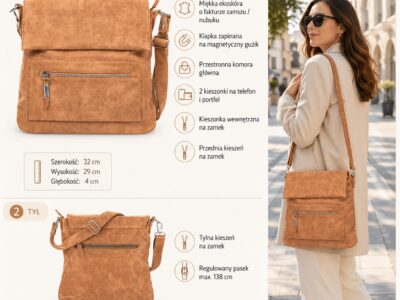Torba damska na ramię Bag Street średnia listonoszka z klapką koniakowy beż - obrazek 13