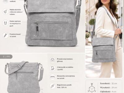 Torebka damska szara z klapką raportówka Bag Street - obrazek 9
