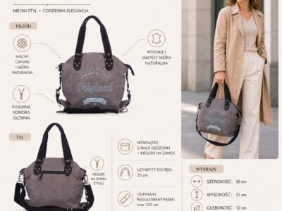 Torba damska średniej wielkości canvas + skóra naturalna, J Jones szara - obrazek 11