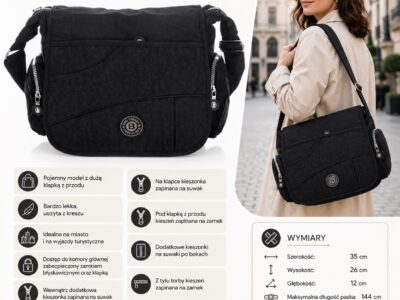 Torebka damska czarna bardzo lekka wykonana z kreszu Bag Street - obrazek 8
