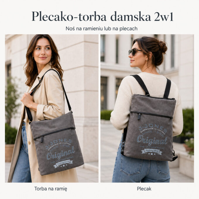 Szara płócienna torba-plecak 2w1, przód i tył, z nadrukiem