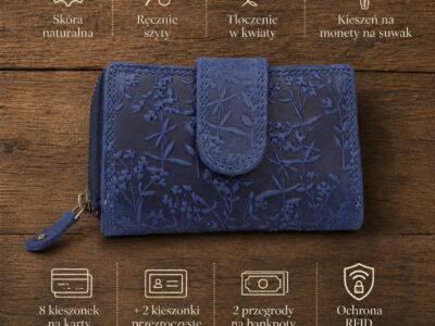 Ręcznie szyty portfel damski w kwiaty vintage skórzany granatowy RFID - obrazek 10