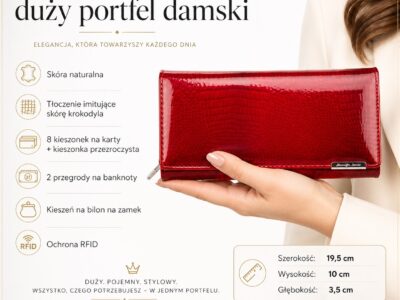 Portfel damski skórzany lakierowany czerwony z kieszenią na bilon na zamek - obrazek 20