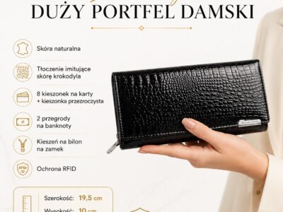 Duży portfel damski czarny lakierowany croco Jennifer Jones - obrazek 7