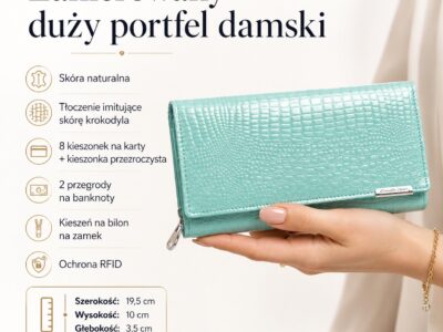 Duży portfel damski turkusowy lakierowany croco Jennifer Jones - obrazek 6