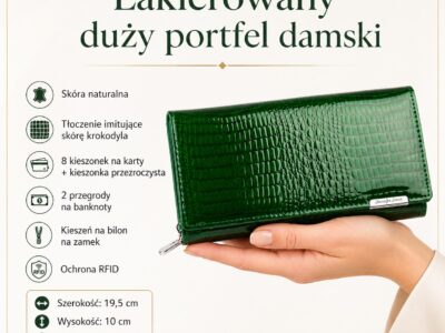 Zielony portfel damski lakierowany croco z kieszenią na monety na zamek wewnątrz - obrazek 6