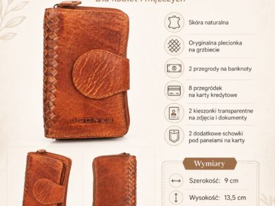Brązowy skórzany portfel vintage z plecionym bokiem, ujęcie z przodu i tyłu