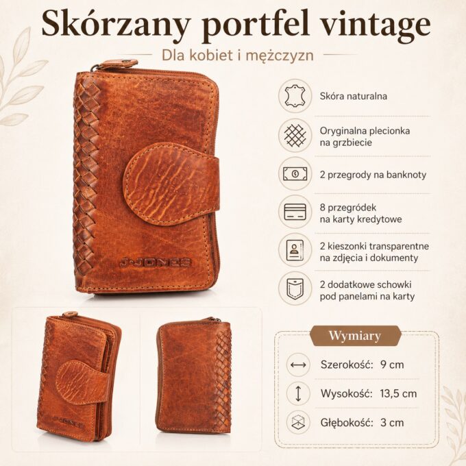 Brązowy skórzany portfel vintage z plecionym bokiem, ujęcie z przodu i tyłu