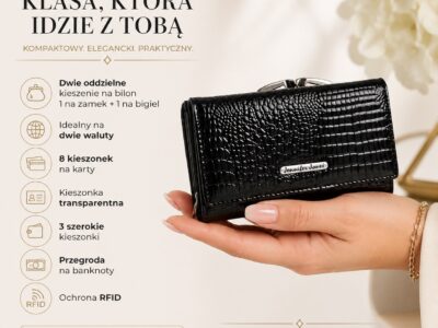 Pojemny czarny portfel damski ze skóry lakierowanej z dwoma kieszeniami na bilon - obrazek 12