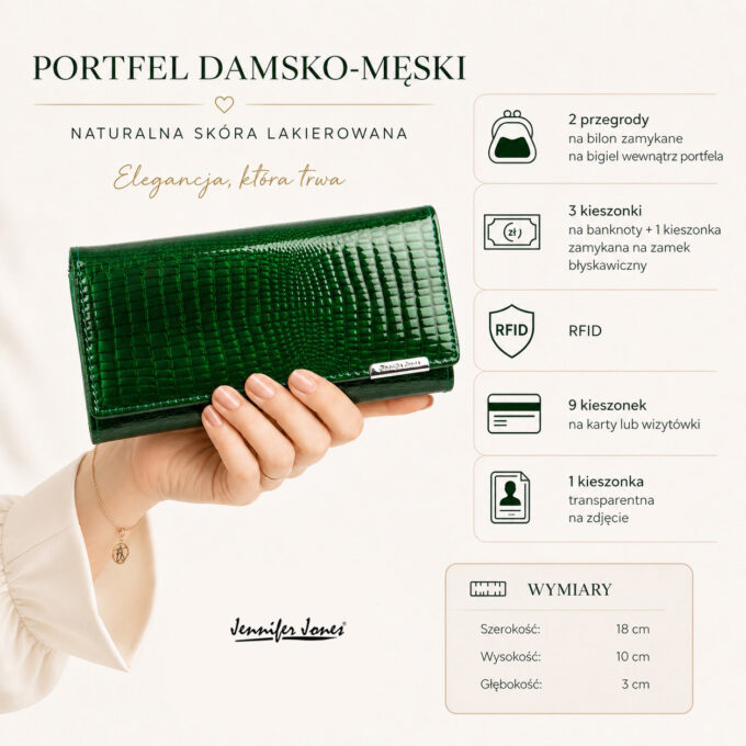 Zamknięty zielony lakierowany portfel damski na dłoni, z detalem bigla