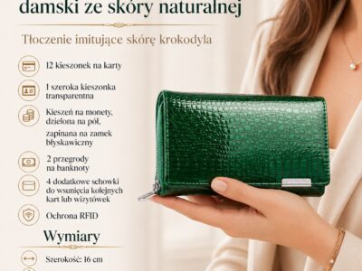 Duży portfel damski lakierowany w kolorze butelkowej zieleni kroko RFID - obrazek 8