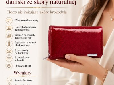 Czerwony portfel damski z kieszenią na bilon zamykaną na suwak - obrazek 10