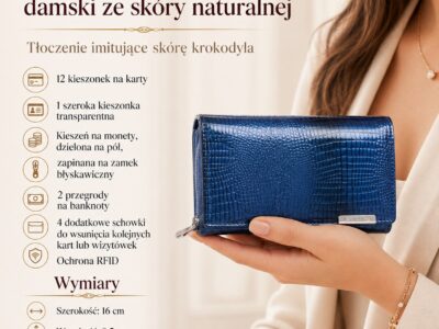 Niebieski lakierowany portfel damski z tłoczeniem krokodyla, trzymany w dłoni, zamknięty