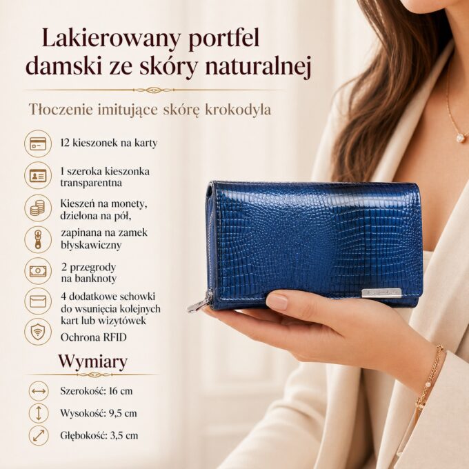 Niebieski lakierowany portfel damski z tłoczeniem krokodyla, trzymany w dłoni, zamknięty