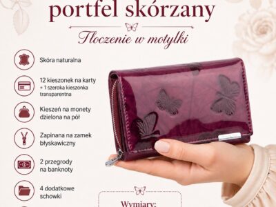 Duży portfel damski lakierowany fioletowy z motylkami skóra naturalna Jennifer Jones - obrazek 8