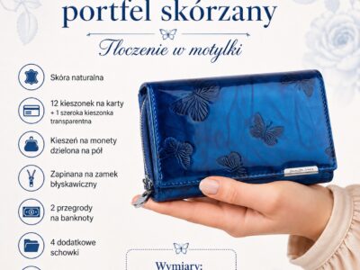 Duży portfel damski lakierowany niebieski z motylkami skóra naturalna Jennifer Jones - obrazek 10
