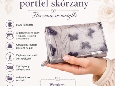Duży portfel damski lakierowany srebrny z motylkami skóra naturalna Jennifer Jones - obrazek 10