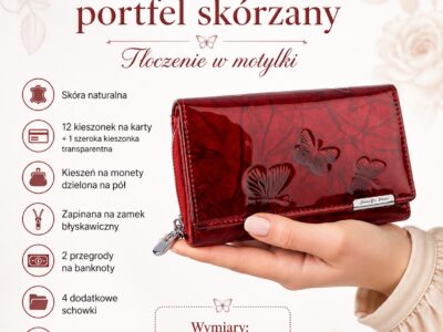 Czerwony lakierowany portfel damski z motylkami, ujęcie z przodu w dłoni