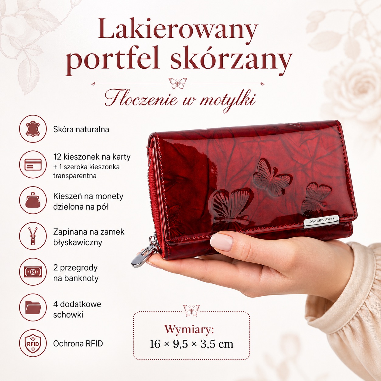 Czerwony lakierowany portfel damski z motylkami, ujęcie z przodu w dłoni