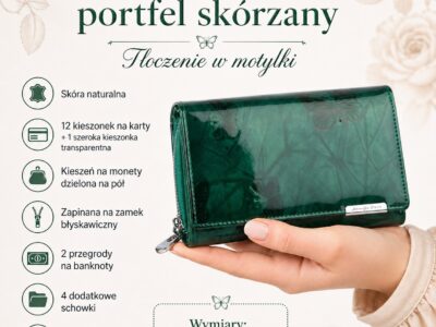 Duży portfel damski lakierowany zielony z motylkami skóra naturalna Jennifer Jones - obrazek 9
