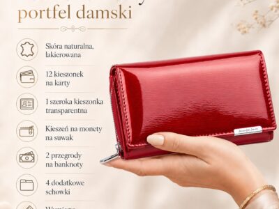 Duży portfel damski czerwony lakierowany gładka tafla metaliczny Jennifer Jones - obrazek 9