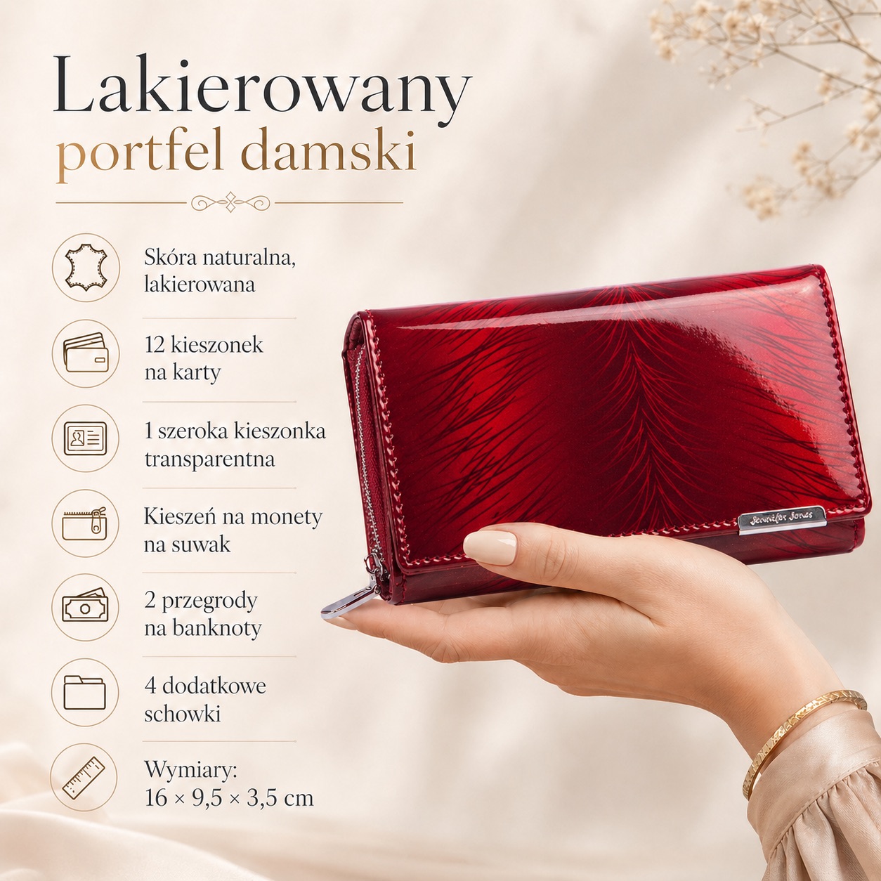 Zamknięty wiśniowy lakierowany portfel damski z piórkami, widok z przodu