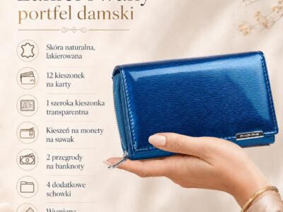 Duży portfel damski niebieski lakierowany gładka tafla metaliczny Jennifer Jones - obrazek 9
