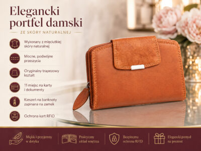 Średni skórzany portfel damski RFID brązowy Money Maker - obrazek 9