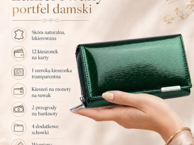 Duży portfel damski zielony butelkowy lakierowany metaliczny Jennifer Jones - obrazek 10