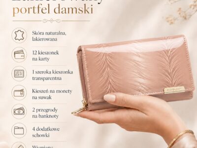Beżowy lakierowany portfel damski z piórkami, widok z przodu