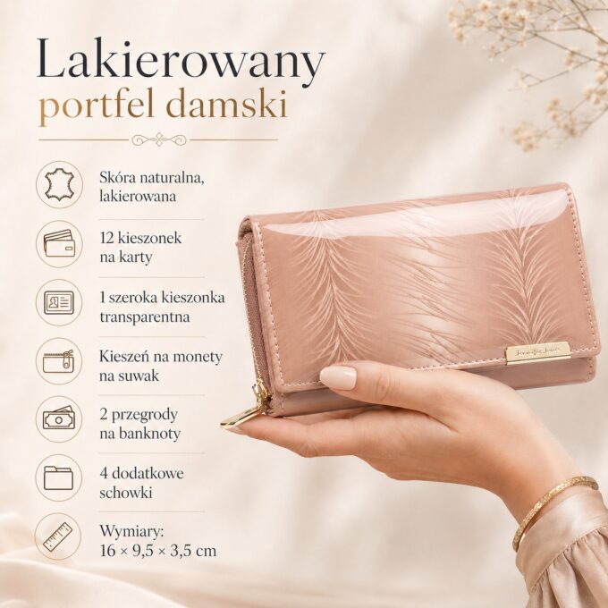 Beżowy lakierowany portfel damski z piórkami, widok z przodu